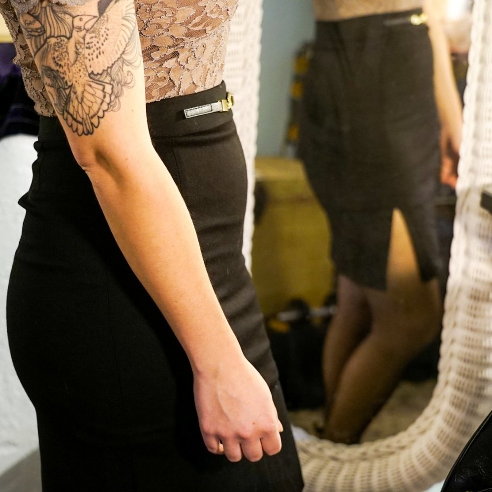 Express black pencil skirt with gold faux belt